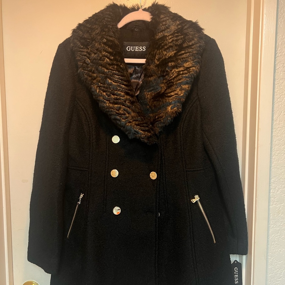 GUESS Black Pea Coat with Faux Fur Collar